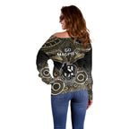 Collingwood Football Off Shoulder Sweater Go Magpies Aboriginal Mix Polynesian Pattern LT14