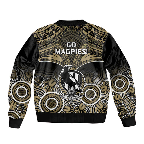 Collingwood Football Sleeve Zip Bomber Jacket Go Magpies Aboriginal Mix Polynesian Pattern LT14
