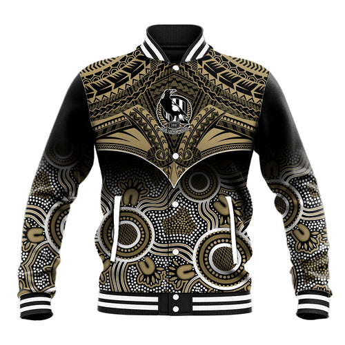 Personalised Collingwood Football Baseball Jacket Go Magpies Aboriginal Mix Polynesian Pattern LT14