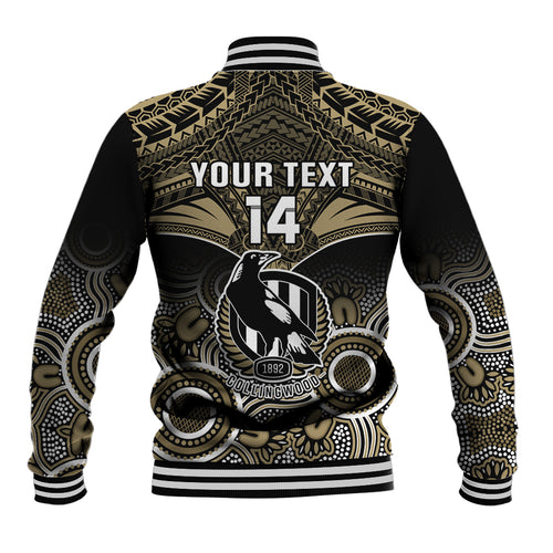 Personalised Collingwood Football Baseball Jacket Go Magpies Aboriginal Mix Polynesian Pattern LT14