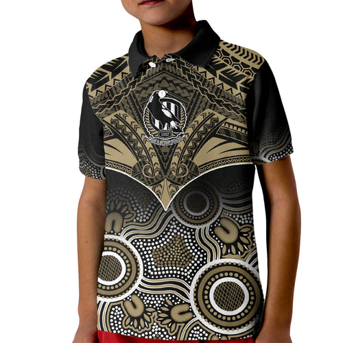 Personalised Collingwood Football Kid Polo Shirt Go Magpies Aboriginal Mix Polynesian Pattern LT14