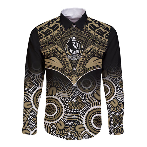 Personalised Collingwood Football Long Sleeve Button Shirt Go Magpies Aboriginal Mix Polynesian Pattern LT14