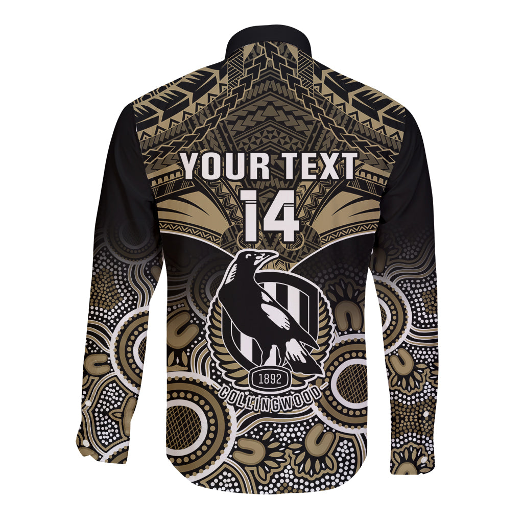 Personalised Collingwood Football Long Sleeve Button Shirt Go Magpies Aboriginal Mix Polynesian Pattern LT14