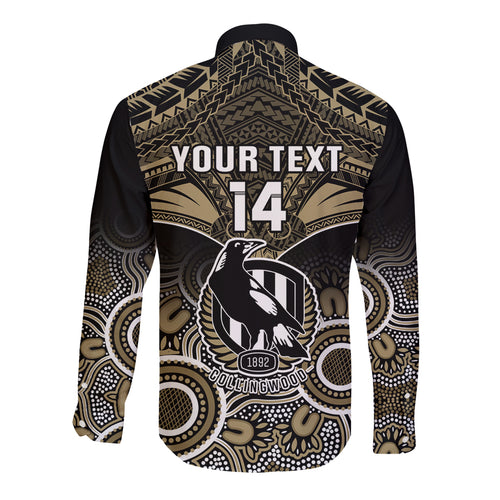 Personalised Collingwood Football Long Sleeve Button Shirt Go Magpies Aboriginal Mix Polynesian Pattern LT14