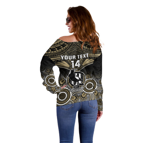 Personalised Collingwood Football Off Shoulder Sweater Go Magpies Aboriginal Mix Polynesian Pattern LT14
