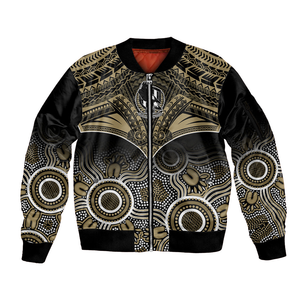 Personalised Collingwood Football Sleeve Zip Bomber Jacket Go Magpies Aboriginal Mix Polynesian Pattern LT14