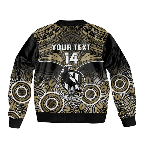 Personalised Collingwood Football Sleeve Zip Bomber Jacket Go Magpies Aboriginal Mix Polynesian Pattern LT14