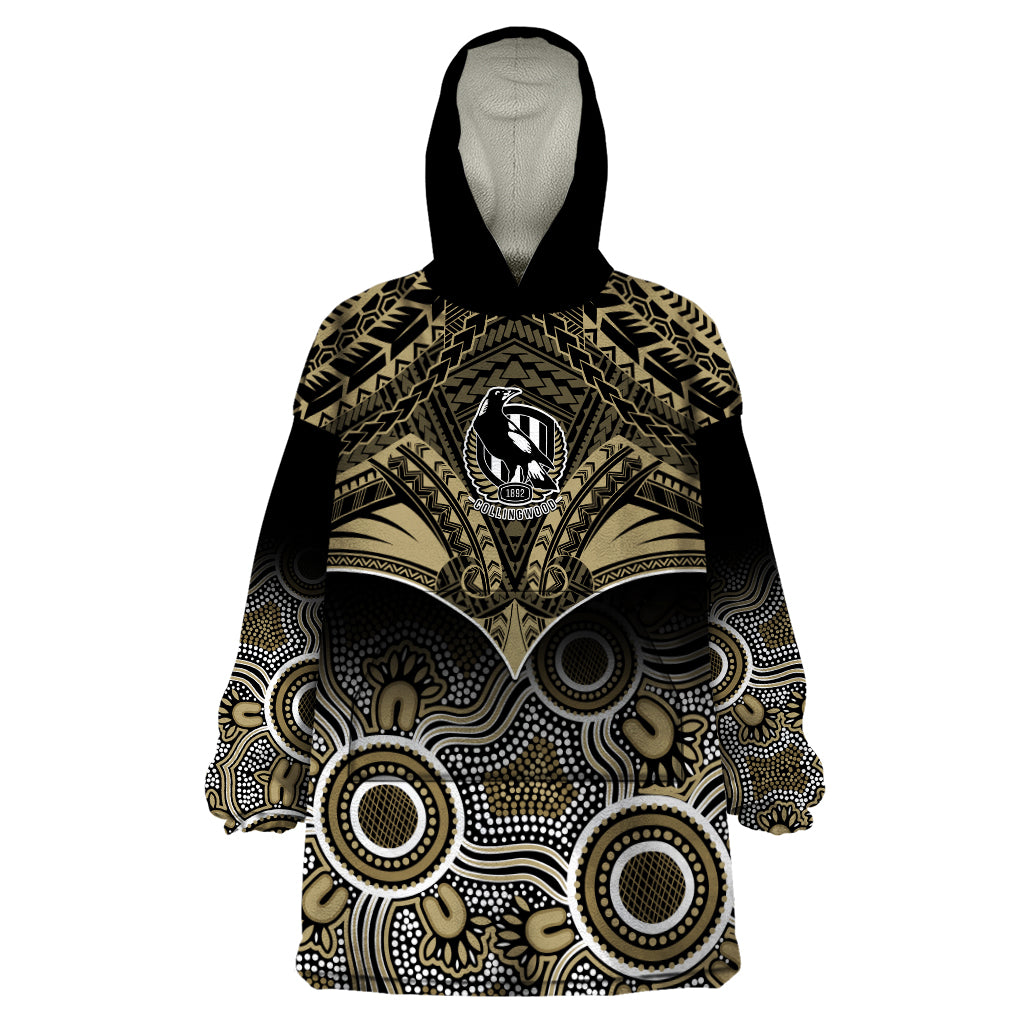 Personalised Collingwood Football Wearable Blanket Hoodie Go Magpies Aboriginal Mix Polynesian Pattern LT14