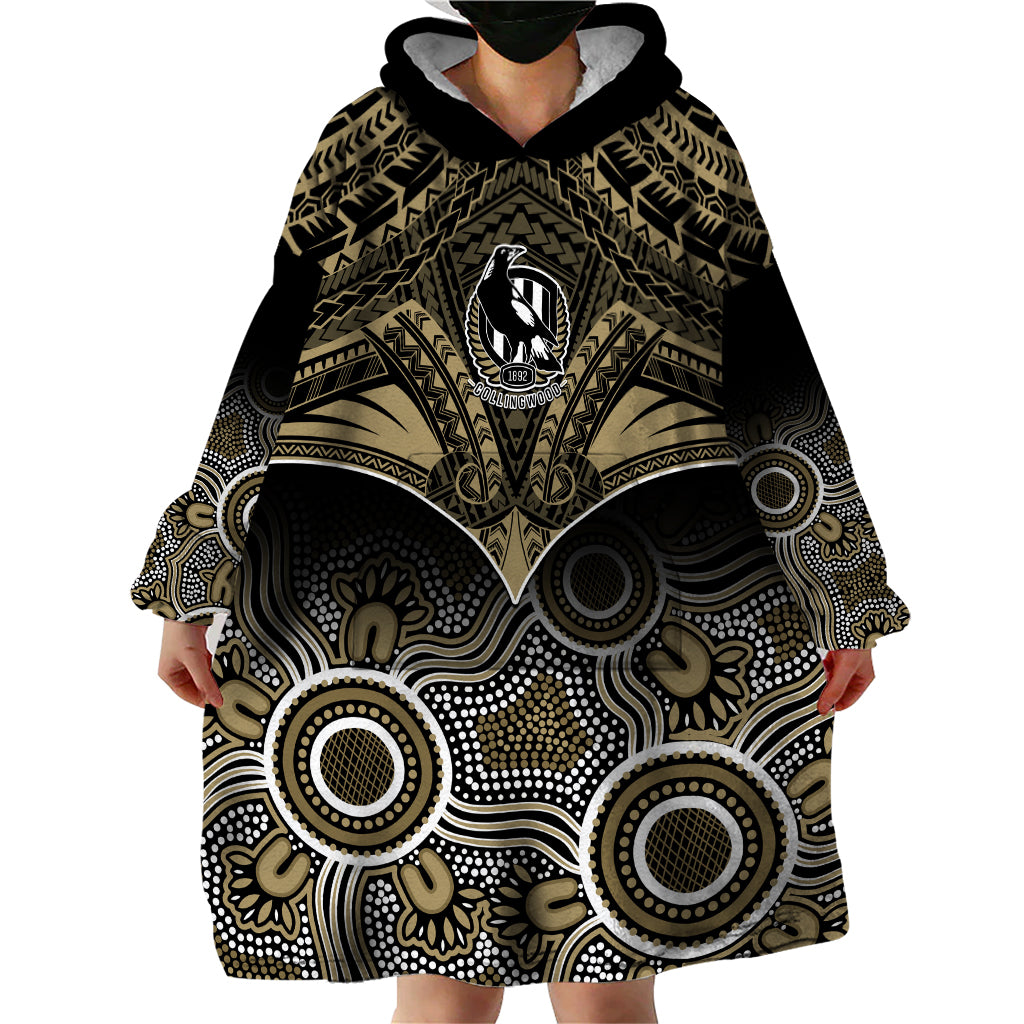 Personalised Collingwood Football Wearable Blanket Hoodie Go Magpies Aboriginal Mix Polynesian Pattern LT14
