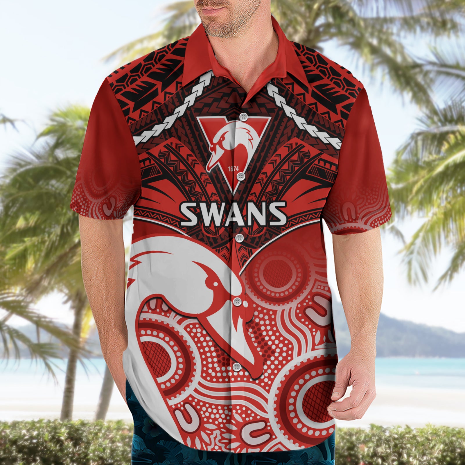 Sydney Swans Football Hawaiian Shirt Go Swannies Aboriginal Mix Polynesian Pattern LT14