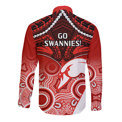 Sydney Swans Football Long Sleeve Button Shirt Go Swannies Aboriginal Mix Polynesian Pattern LT14