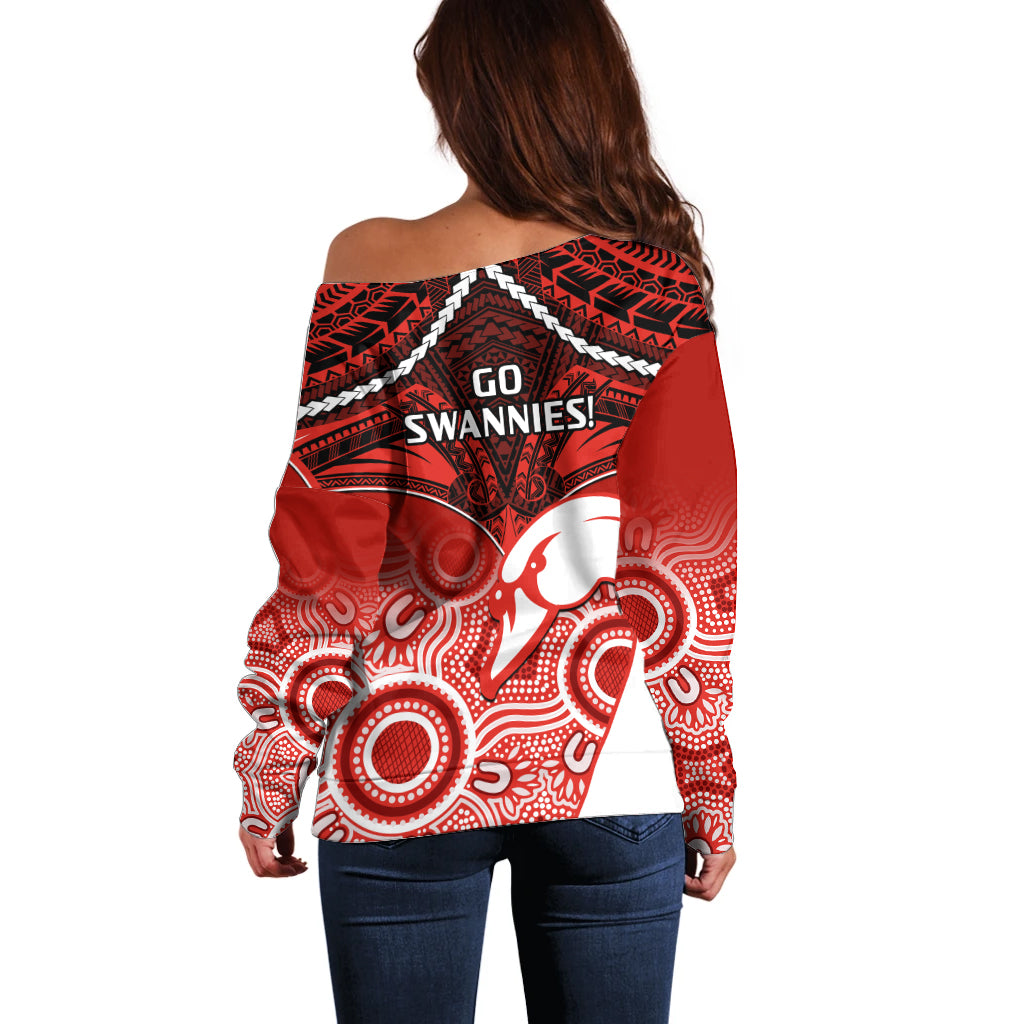 Sydney Swans Football Off Shoulder Sweater Go Swannies Aboriginal Mix Polynesian Pattern LT14