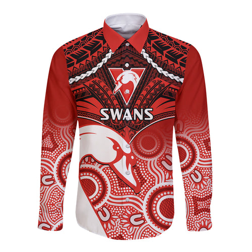 Personalised Sydney Swans Football Long Sleeve Button Shirt Go Swannies Aboriginal Mix Polynesian Pattern LT14