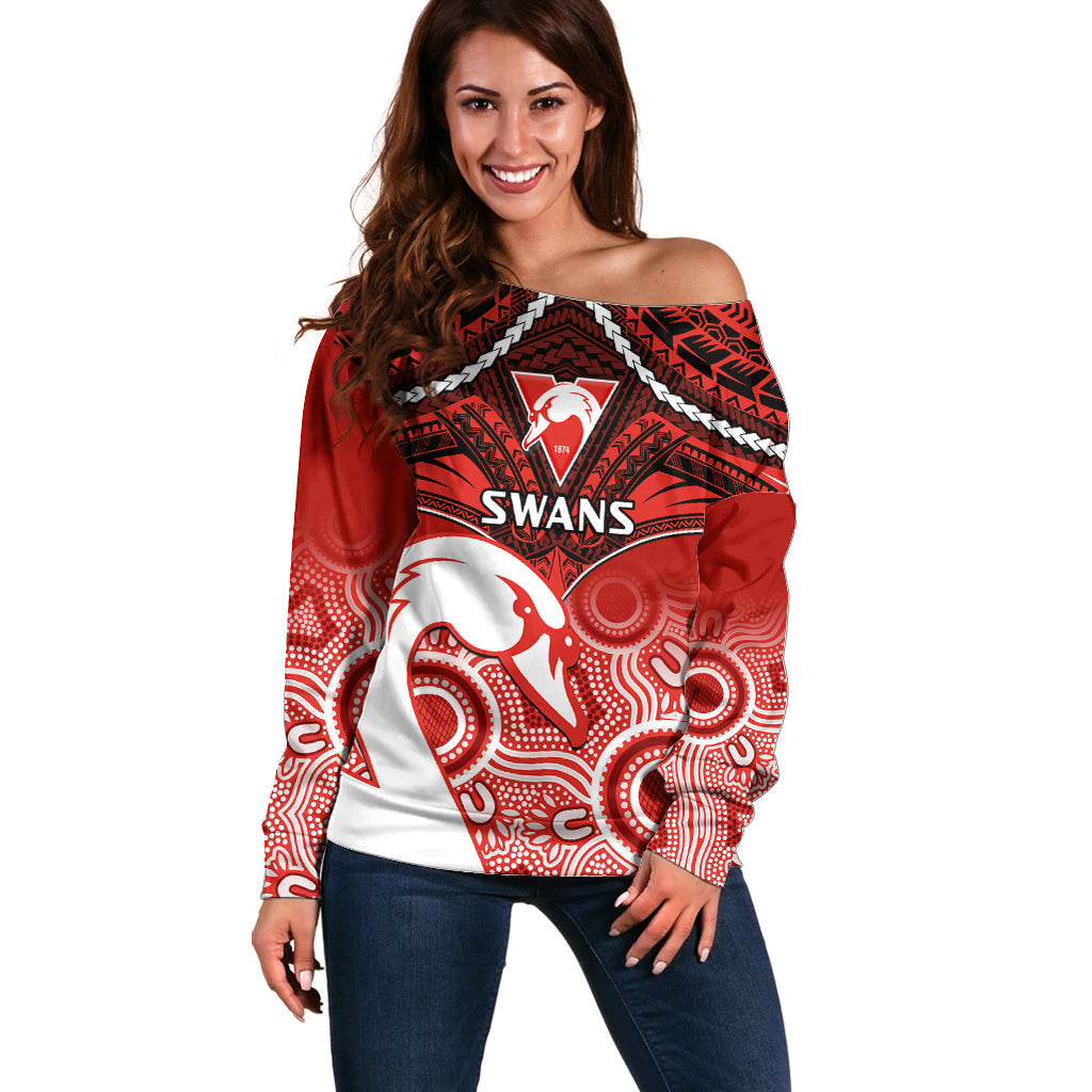 Personalised Sydney Swans Football Off Shoulder Sweater Go Swannies Aboriginal Mix Polynesian Pattern LT14