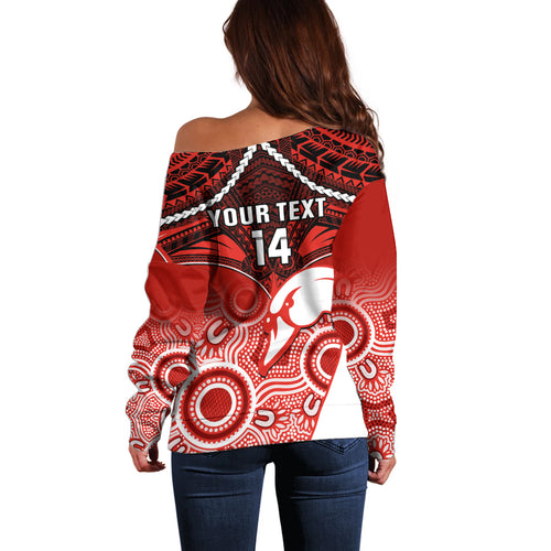Personalised Sydney Swans Football Off Shoulder Sweater Go Swannies Aboriginal Mix Polynesian Pattern LT14