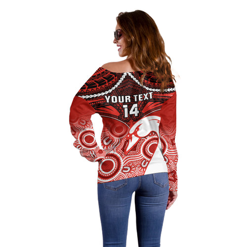 Personalised Sydney Swans Football Off Shoulder Sweater Go Swannies Aboriginal Mix Polynesian Pattern LT14