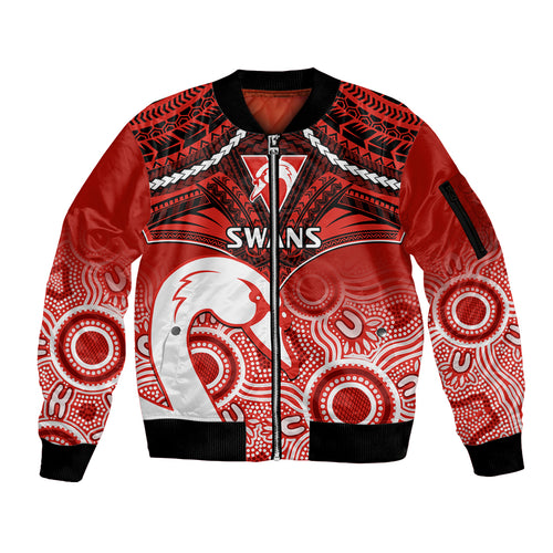 Personalised Sydney Swans Football Sleeve Zip Bomber Jacket Go Swannies Aboriginal Mix Polynesian Pattern LT14