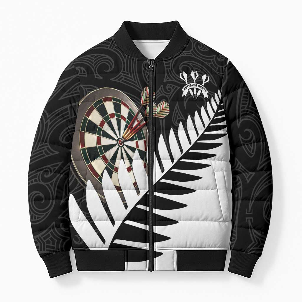 Personalised New Zealand Darts Bomber Puffer Jacket Silver Fern Aotearoa Maori Pattern - Aussie Hoodie