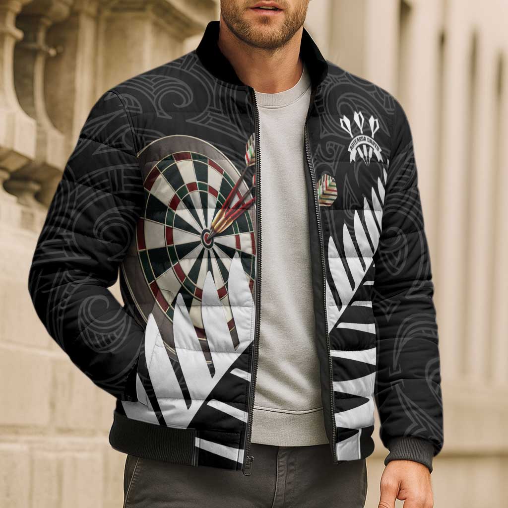 Personalised New Zealand Darts Bomber Puffer Jacket Silver Fern Aotearoa Maori Pattern - Aussie Hoodie