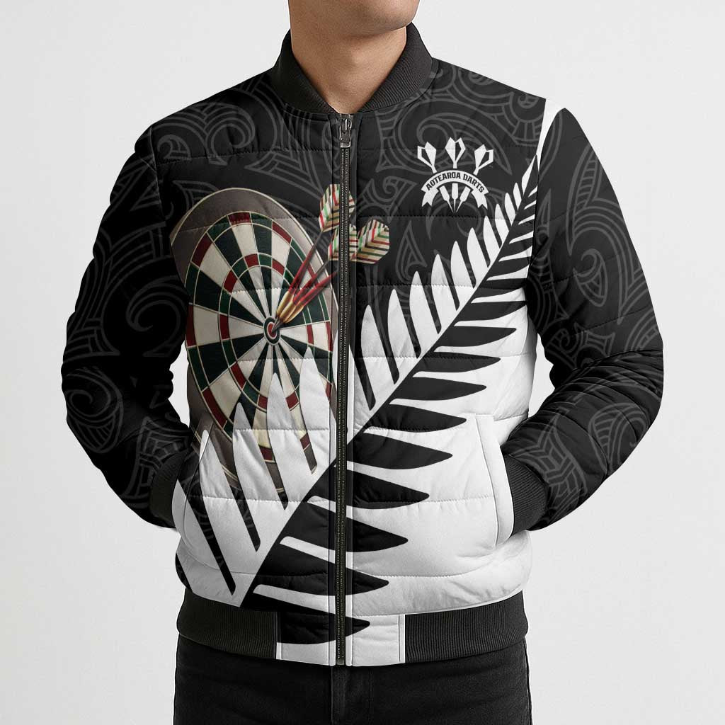 Personalised New Zealand Darts Bomber Puffer Jacket Silver Fern Aotearoa Maori Pattern - Aussie Hoodie