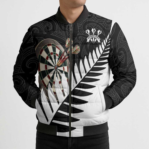 Personalised New Zealand Darts Bomber Puffer Jacket Silver Fern Aotearoa Maori Pattern - Aussie Hoodie