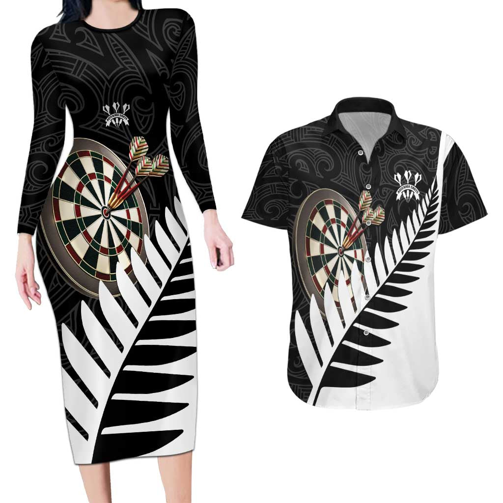 Personalised New Zealand Darts Couples Matching Long Sleeve Bodycon Dress and Hawaiian Shirt Silver Fern Aotearoa Maori Pattern - Aussie Hoodie