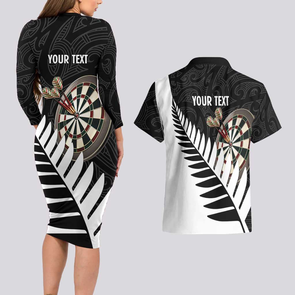 Personalised New Zealand Darts Couples Matching Long Sleeve Bodycon Dress and Hawaiian Shirt Silver Fern Aotearoa Maori Pattern - Aussie Hoodie