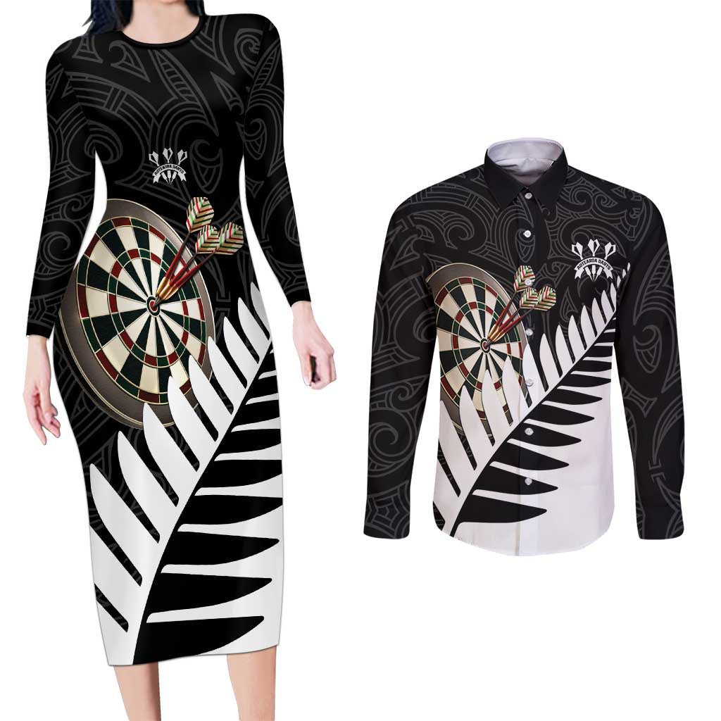 Personalised New Zealand Darts Couples Matching Long Sleeve Bodycon Dress and Long Sleeve Button Shirt Silver Fern Aotearoa Maori Pattern - Aussie Hoodie