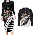 Personalised New Zealand Darts Couples Matching Long Sleeve Bodycon Dress and Long Sleeve Button Shirt Silver Fern Aotearoa Maori Pattern - Aussie Hoodie