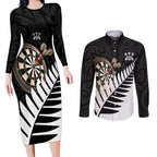 Personalised New Zealand Darts Couples Matching Long Sleeve Bodycon Dress and Long Sleeve Button Shirt Silver Fern Aotearoa Maori Pattern - Aussie Hoodie