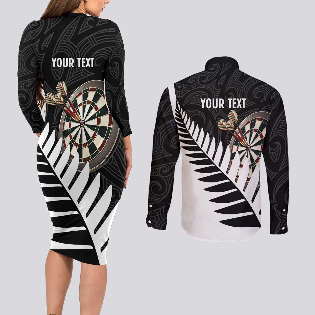 Personalised New Zealand Darts Couples Matching Long Sleeve Bodycon Dress and Long Sleeve Button Shirt Silver Fern Aotearoa Maori Pattern - Aussie Hoodie