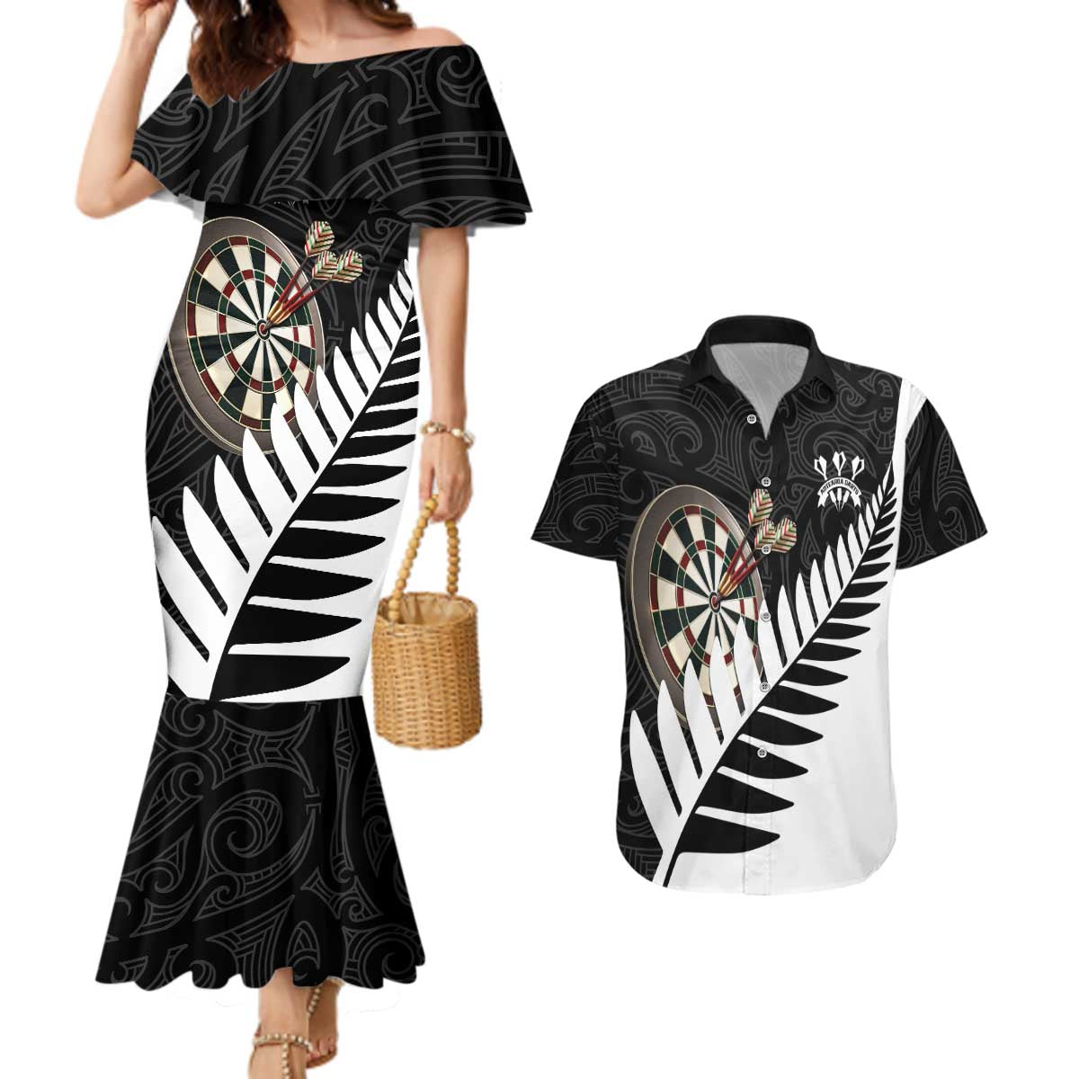 Personalised New Zealand Darts Couples Matching Mermaid Dress and Hawaiian Shirt Silver Fern Aotearoa Maori Pattern - Aussie Hoodie