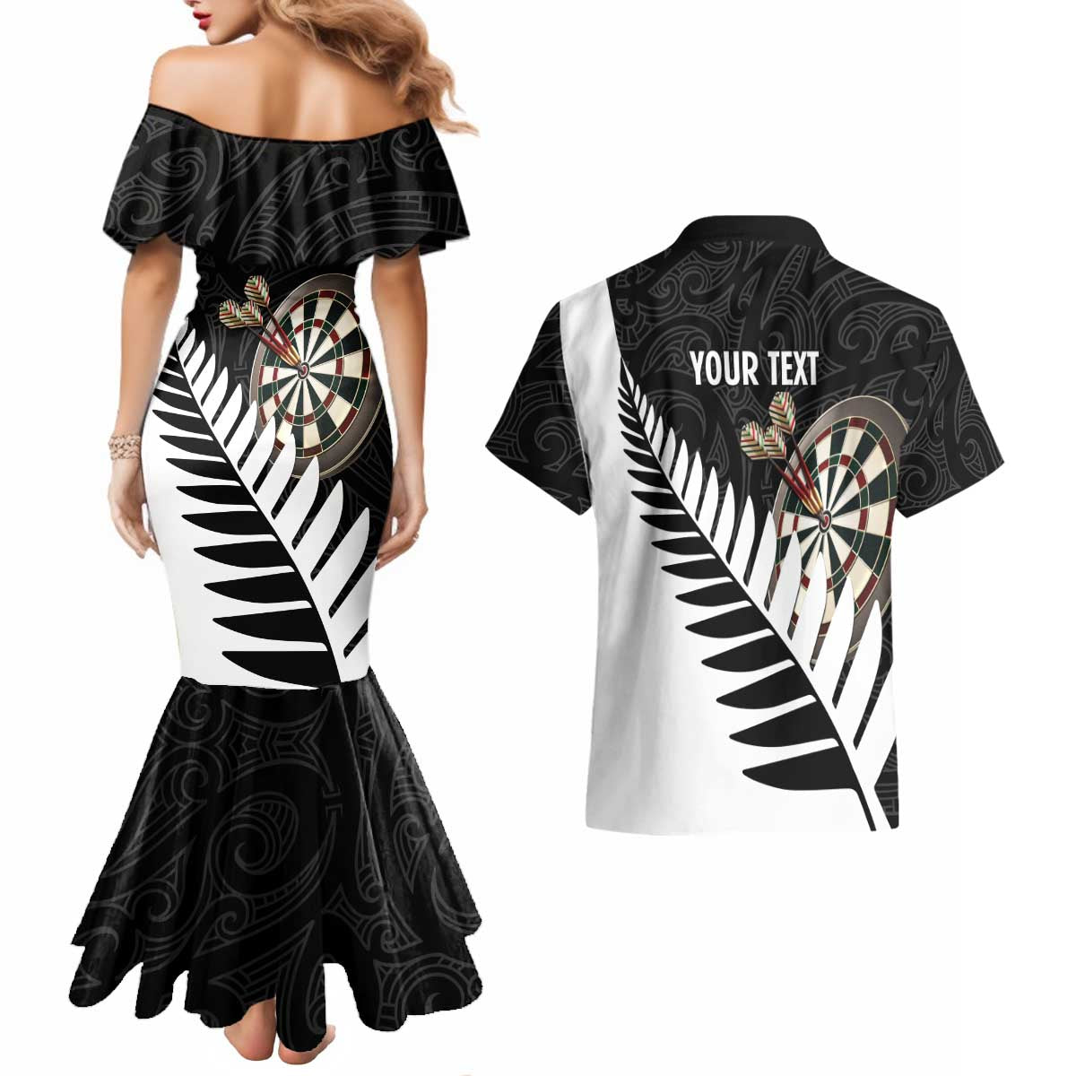 Personalised New Zealand Darts Couples Matching Mermaid Dress and Hawaiian Shirt Silver Fern Aotearoa Maori Pattern - Aussie Hoodie