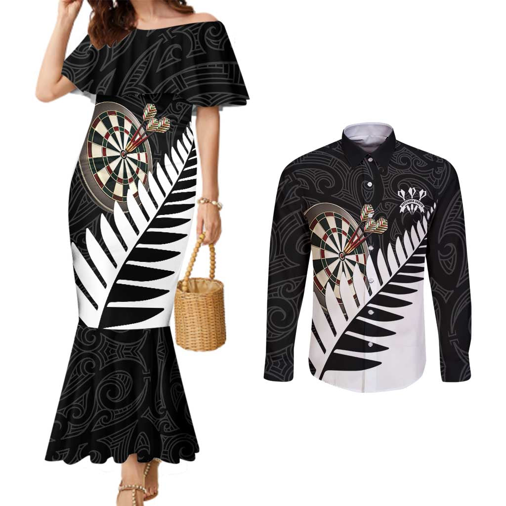 Personalised New Zealand Darts Couples Matching Mermaid Dress and Long Sleeve Button Shirt Silver Fern Aotearoa Maori Pattern - Aussie Hoodie