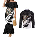 Personalised New Zealand Darts Couples Matching Mermaid Dress and Long Sleeve Button Shirt Silver Fern Aotearoa Maori Pattern - Aussie Hoodie
