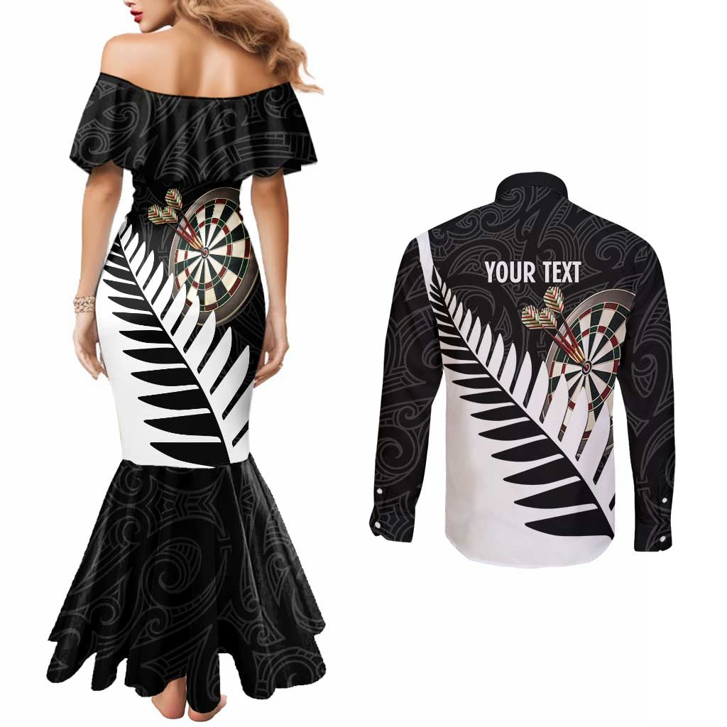 Personalised New Zealand Darts Couples Matching Mermaid Dress and Long Sleeve Button Shirt Silver Fern Aotearoa Maori Pattern - Aussie Hoodie