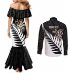 Personalised New Zealand Darts Couples Matching Mermaid Dress and Long Sleeve Button Shirt Silver Fern Aotearoa Maori Pattern - Aussie Hoodie