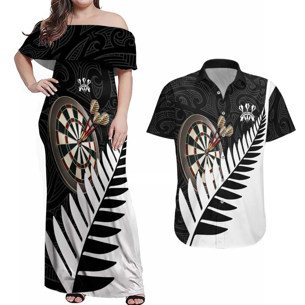 Personalised New Zealand Darts Couples Matching Off Shoulder Maxi Dress and Hawaiian Shirt Silver Fern Aotearoa Maori Pattern - Aussie Hoodie