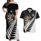 Personalised New Zealand Darts Couples Matching Off Shoulder Maxi Dress and Hawaiian Shirt Silver Fern Aotearoa Maori Pattern - Aussie Hoodie