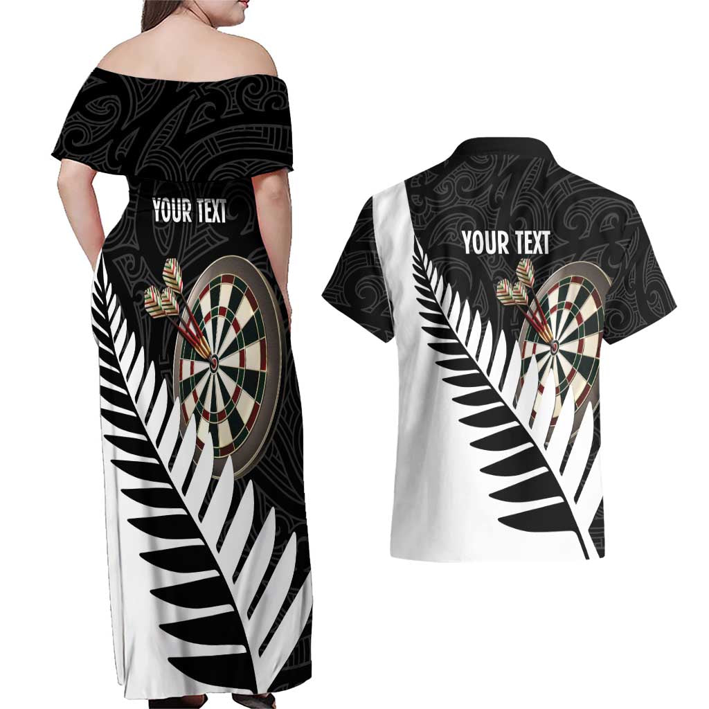 Personalised New Zealand Darts Couples Matching Off Shoulder Maxi Dress and Hawaiian Shirt Silver Fern Aotearoa Maori Pattern - Aussie Hoodie