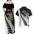 Personalised New Zealand Darts Couples Matching Off Shoulder Maxi Dress and Hawaiian Shirt Silver Fern Aotearoa Maori Pattern - Aussie Hoodie