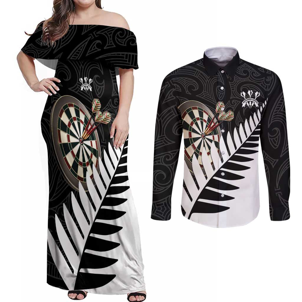 Personalised New Zealand Darts Couples Matching Off Shoulder Maxi Dress and Long Sleeve Button Shirt Silver Fern Aotearoa Maori Pattern - Aussie Hoodie