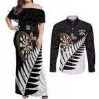Personalised New Zealand Darts Couples Matching Off Shoulder Maxi Dress and Long Sleeve Button Shirt Silver Fern Aotearoa Maori Pattern - Aussie Hoodie