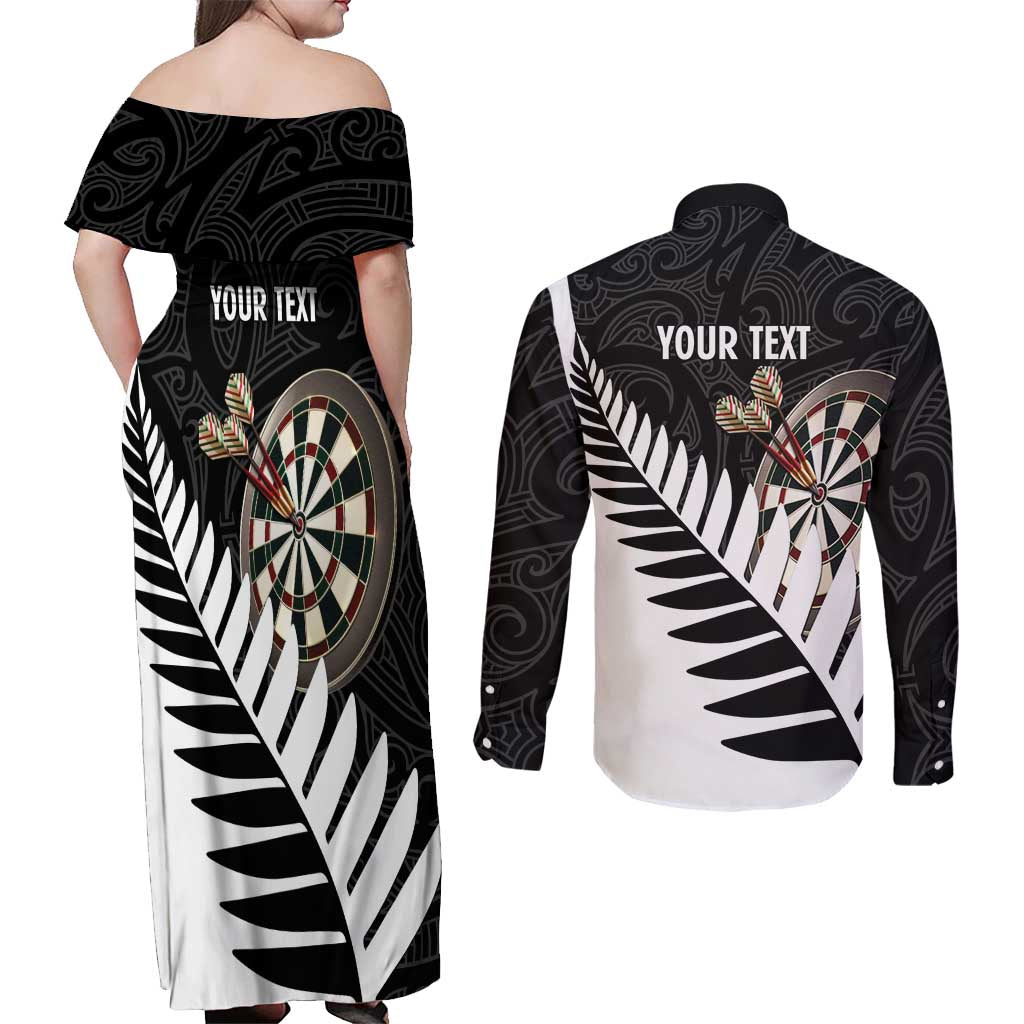 Personalised New Zealand Darts Couples Matching Off Shoulder Maxi Dress and Long Sleeve Button Shirt Silver Fern Aotearoa Maori Pattern - Aussie Hoodie