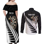 Personalised New Zealand Darts Couples Matching Off Shoulder Maxi Dress and Long Sleeve Button Shirt Silver Fern Aotearoa Maori Pattern - Aussie Hoodie