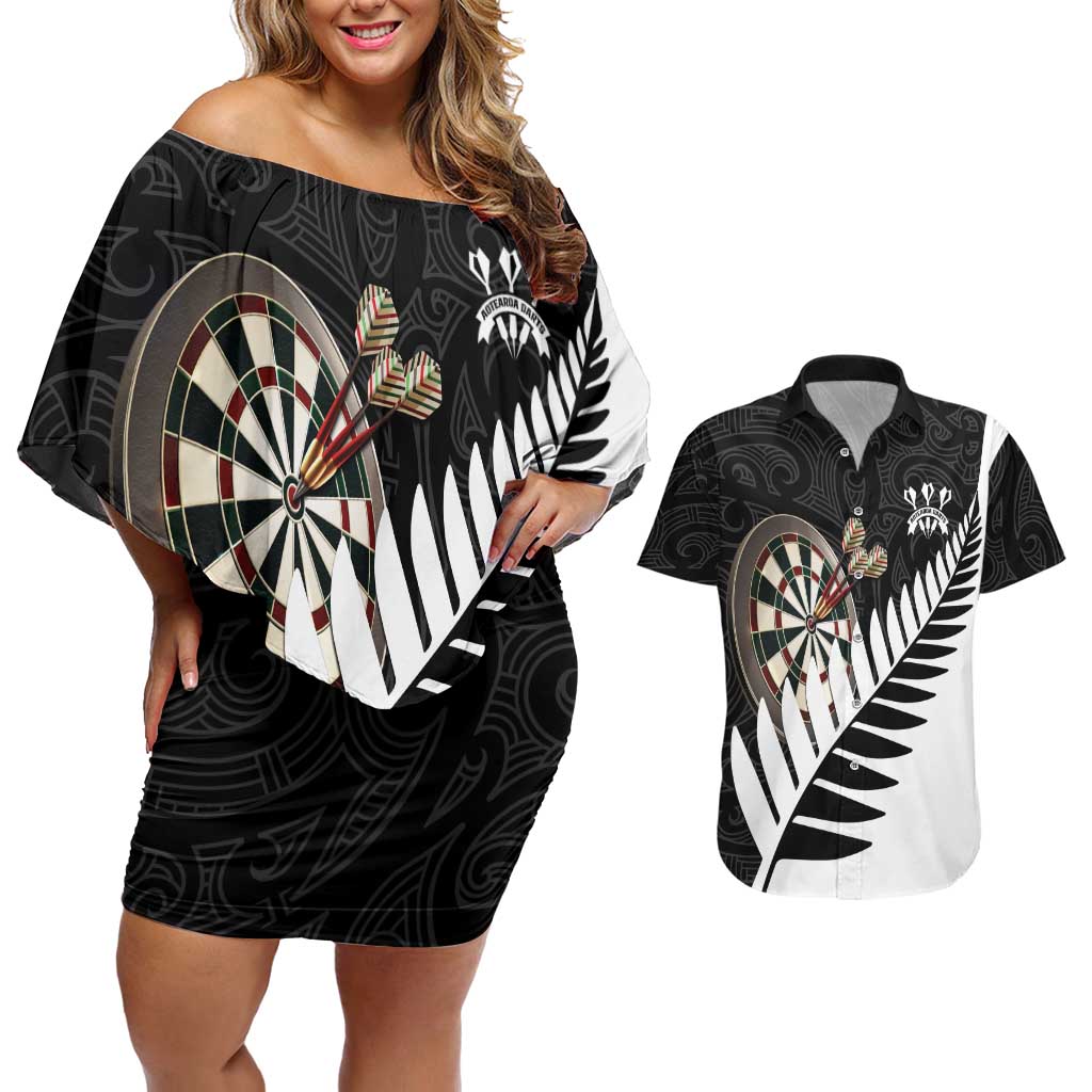 Personalised New Zealand Darts Couples Matching Off Shoulder Short Dress and Hawaiian Shirt Silver Fern Aotearoa Maori Pattern - Aussie Hoodie