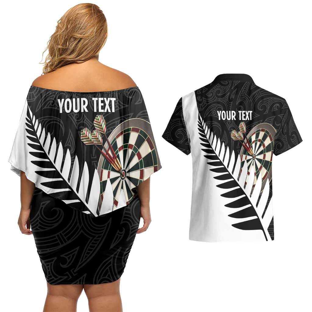 Personalised New Zealand Darts Couples Matching Off Shoulder Short Dress and Hawaiian Shirt Silver Fern Aotearoa Maori Pattern - Aussie Hoodie
