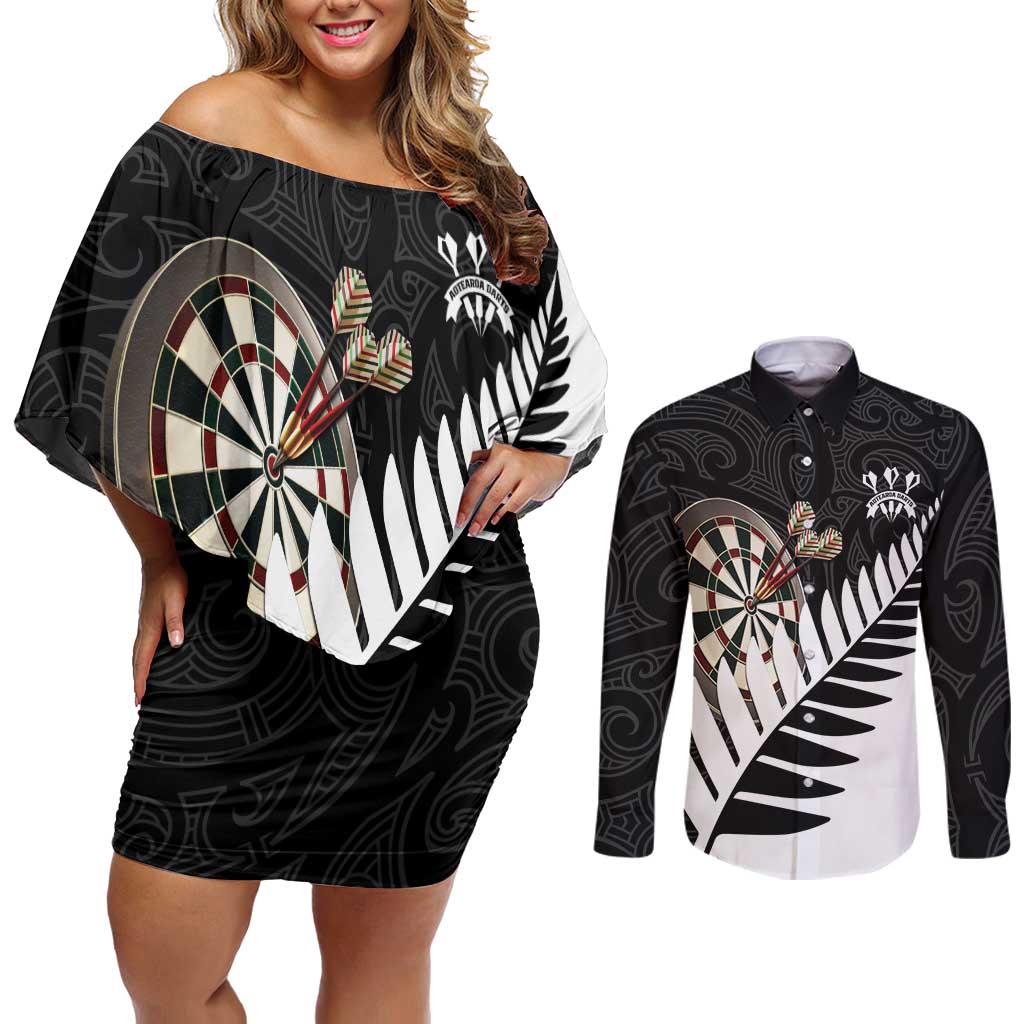 Personalised New Zealand Darts Couples Matching Off Shoulder Short Dress and Long Sleeve Button Shirt Silver Fern Aotearoa Maori Pattern - Aussie Hoodie