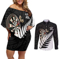 Personalised New Zealand Darts Couples Matching Off Shoulder Short Dress and Long Sleeve Button Shirt Silver Fern Aotearoa Maori Pattern - Aussie Hoodie