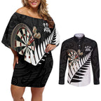 Personalised New Zealand Darts Couples Matching Off Shoulder Short Dress and Long Sleeve Button Shirt Silver Fern Aotearoa Maori Pattern - Aussie Hoodie